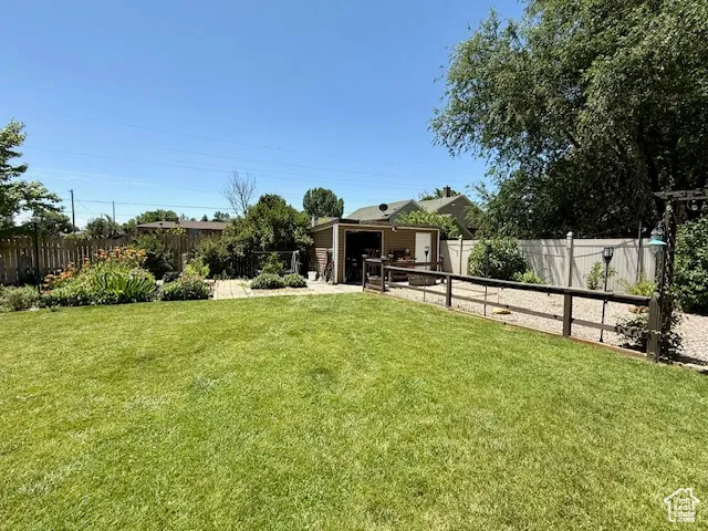Fenced backyard with an outdoor structure