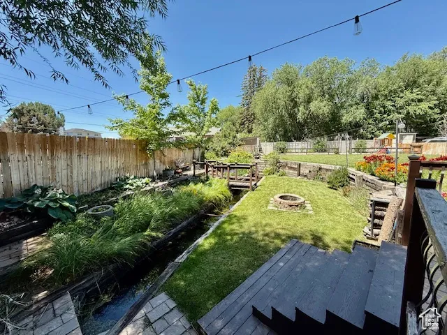 Fenced backyard with a vegetable garden and a fire pit