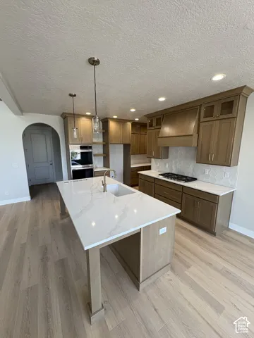 Kitchen featuring a large island with a double sink, wood-finish flooring, recessed lighting, and built-in stainless steel appliances