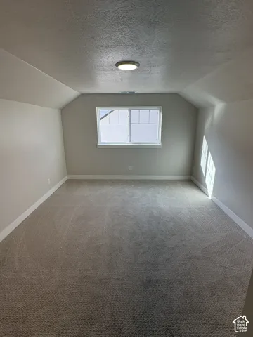 Carpeted room with a multi-pane window, sloped ceilings, and a flush-mount ceiling light fixture