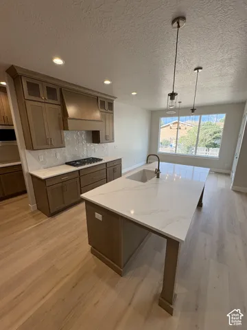 Spacious kitchen featuring light wood-finish flooring, a large island with an undermount sink, pendant lighting, built-in cabinetry, and white countertops