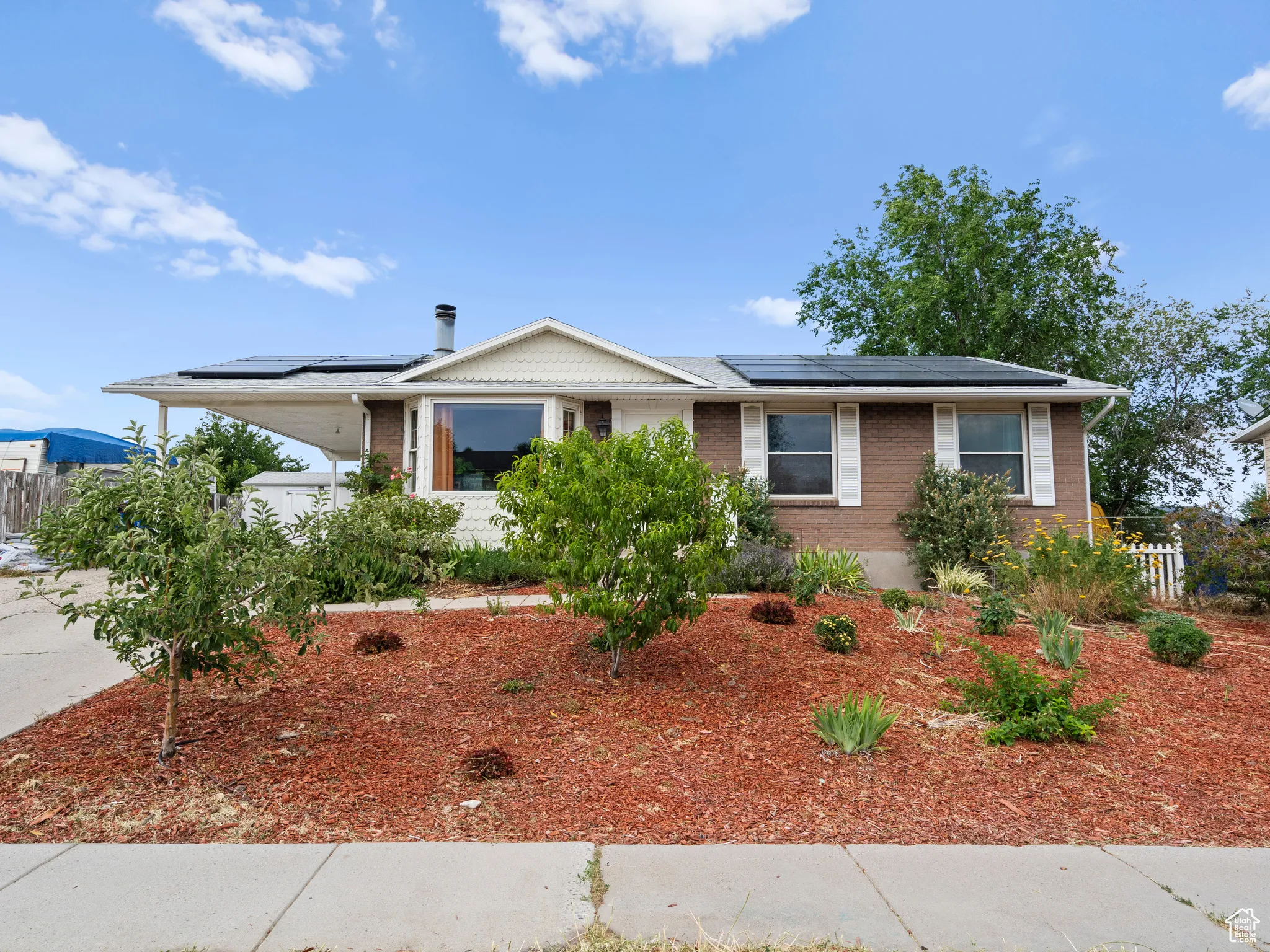 View of front of home featuring brick siding, roof mounted solar panels, and concrete driveway