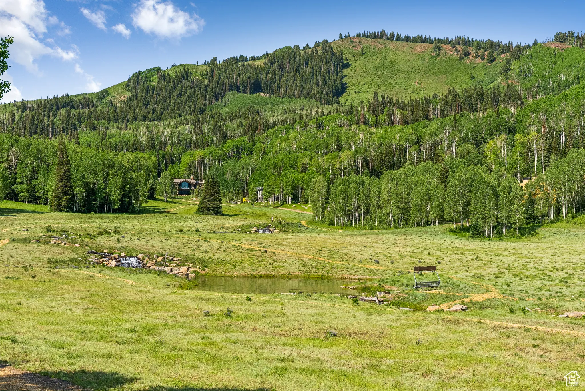 View of mountain background featuring a heavily wooded area and a large body of water
