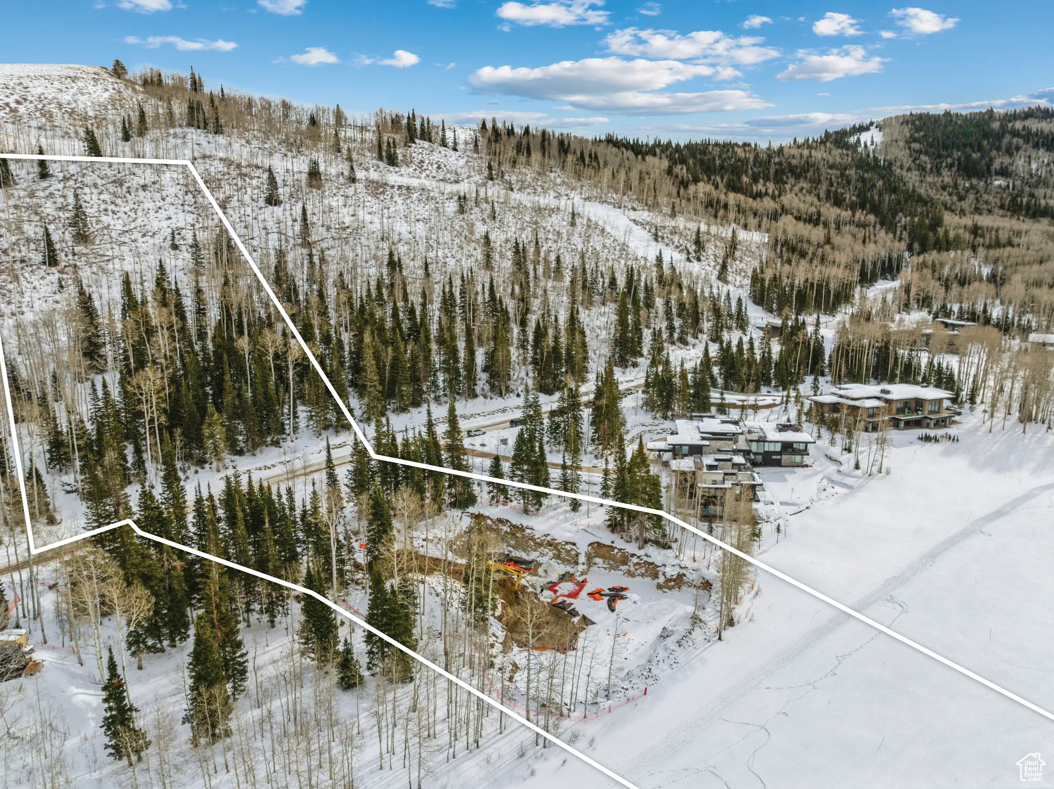 Snowy aerial view with property boundaries highlighted, a mountain view, and a forest view