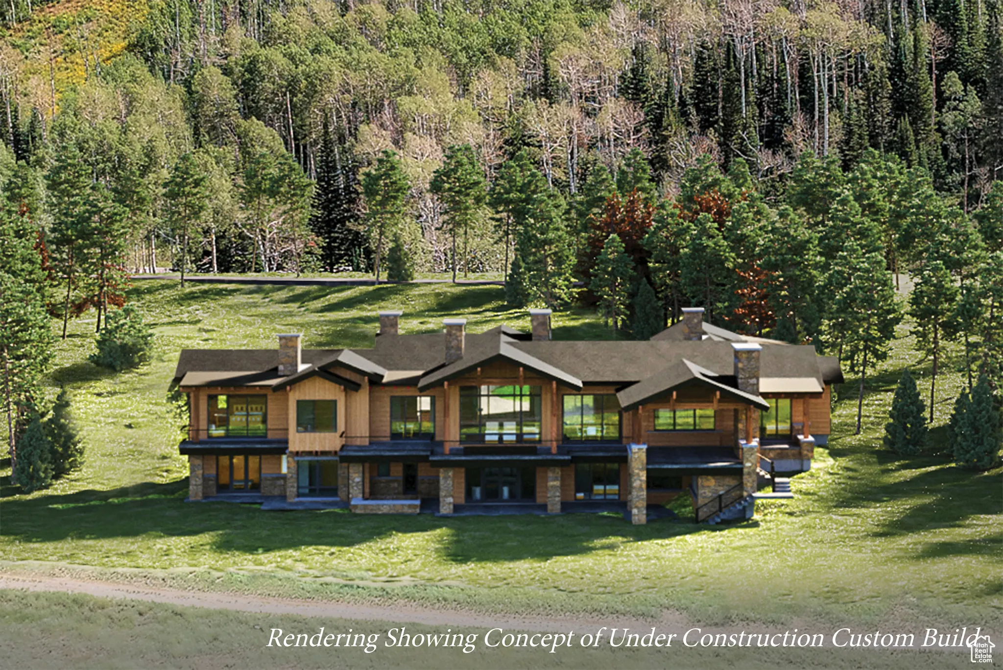 Rear view of house featuring a view of trees, a chimney, stone siding, and a yard