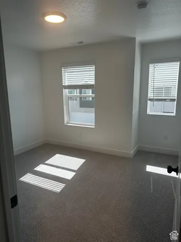 Empty room featuring carpet floors, a textured ceiling, and a smoke detector