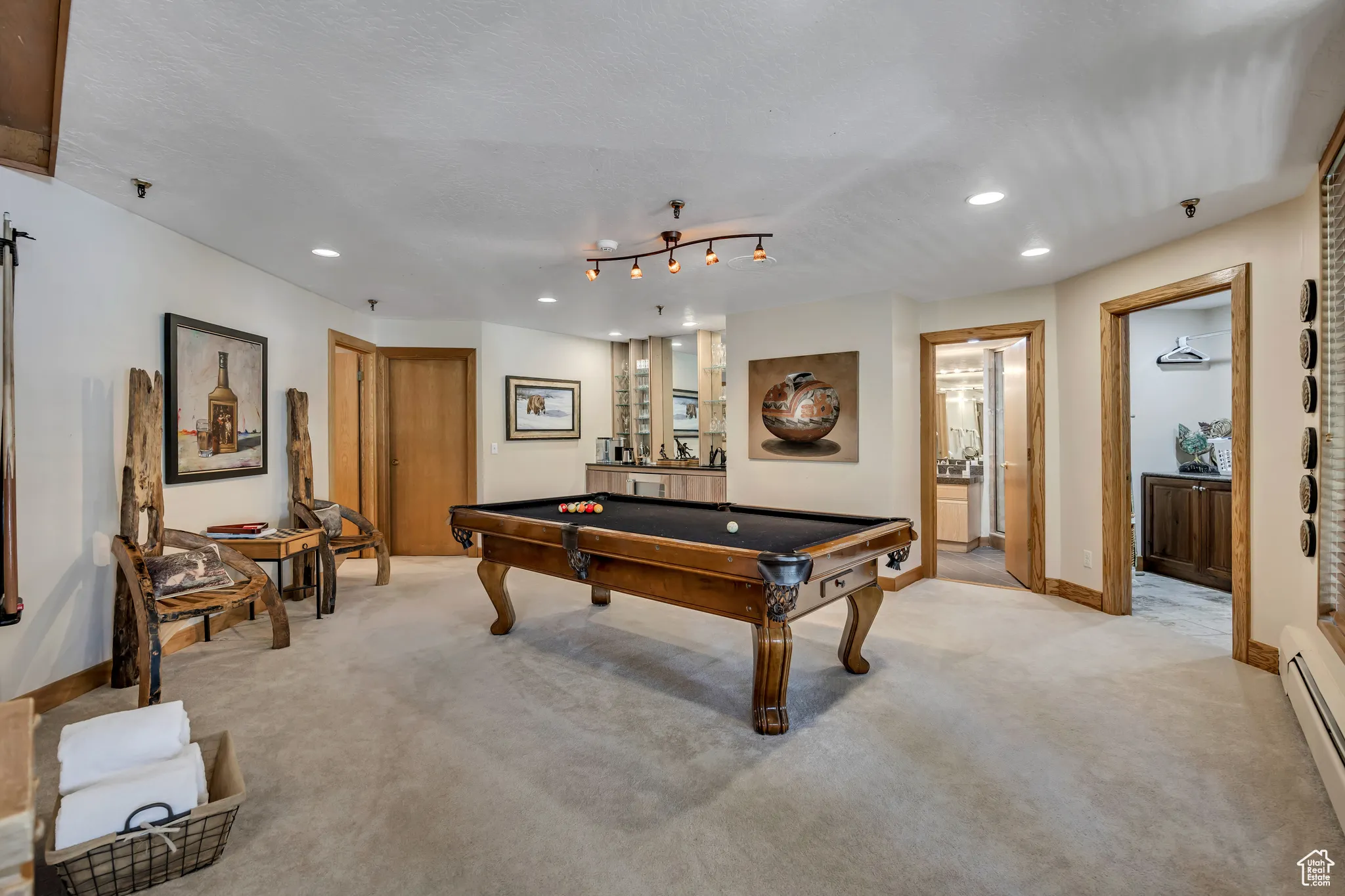 Rec room with pool table, light carpet, and recessed lighting