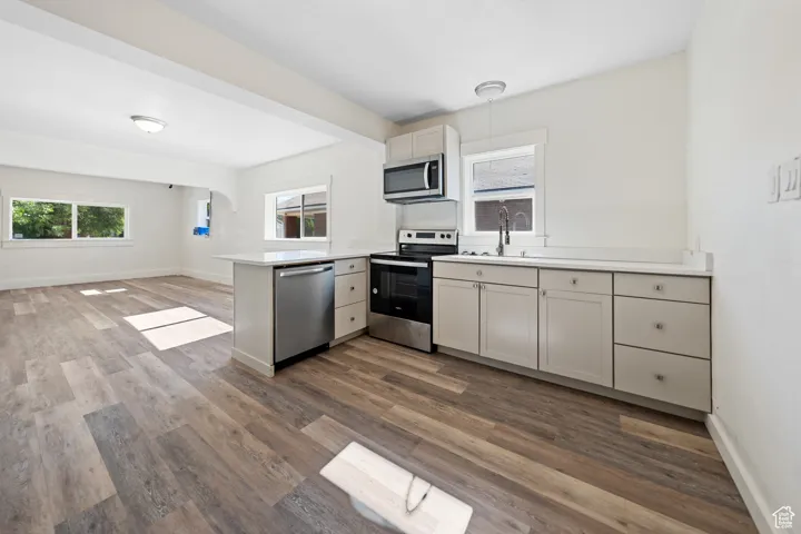 Kitchen with appliances with stainless steel finishes, a peninsula, healthy amount of natural light, and dark wood finished floors