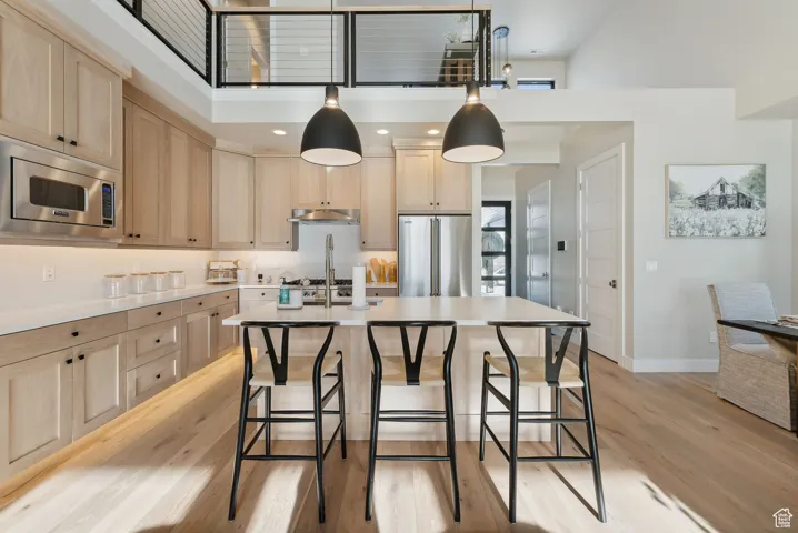 Kitchen with appliances with stainless steel finishes, light brown cabinetry, a high ceiling, under cabinet range hood, and light wood-style flooring