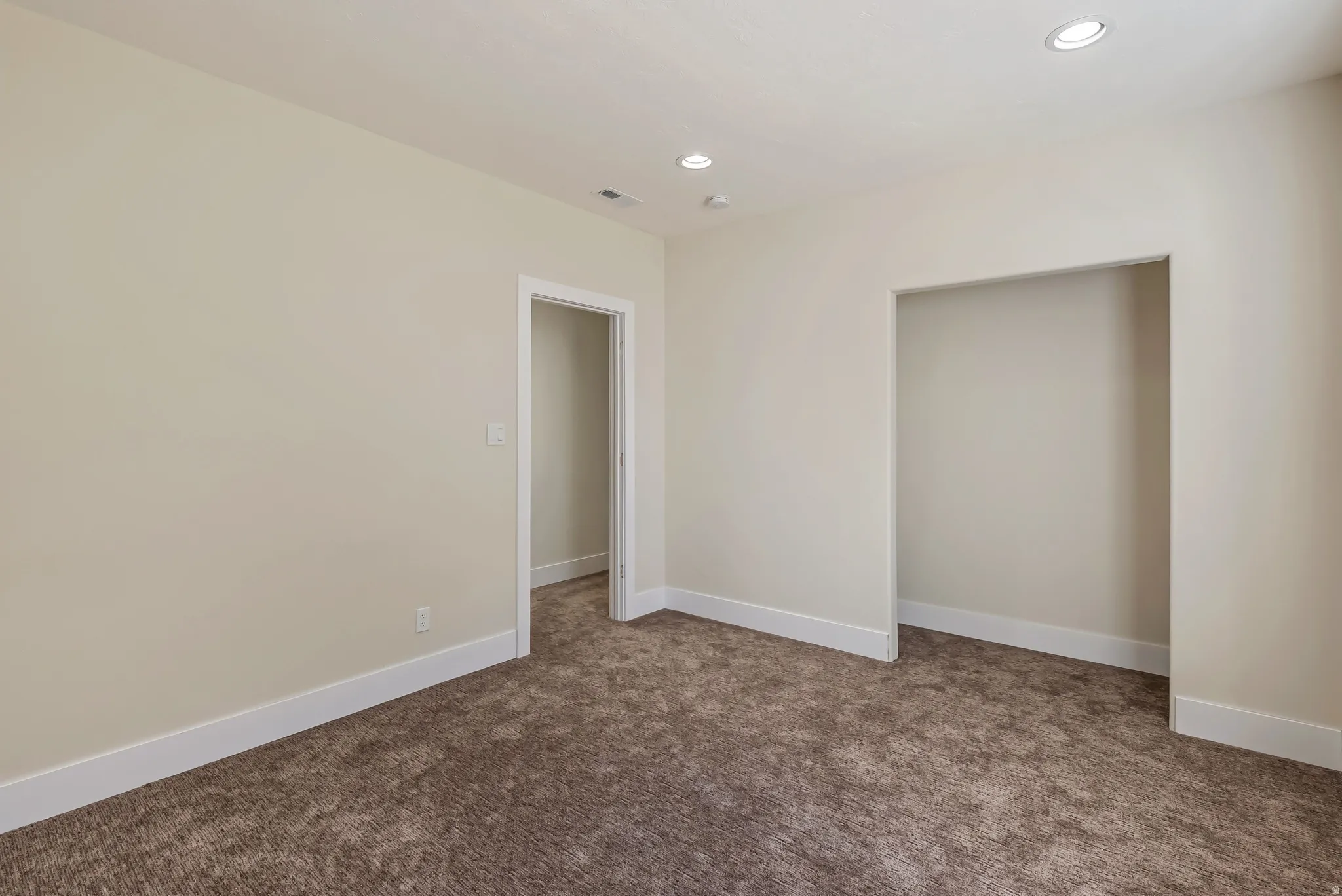 Neutral-toned walls and plush brown carpeting create a versatile interior space