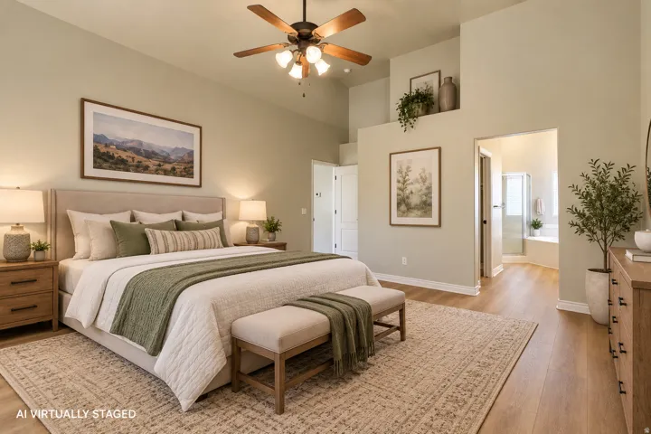Vaulted ceiling with ceiling fan, wood-finish flooring, and a built-in architectural ledge