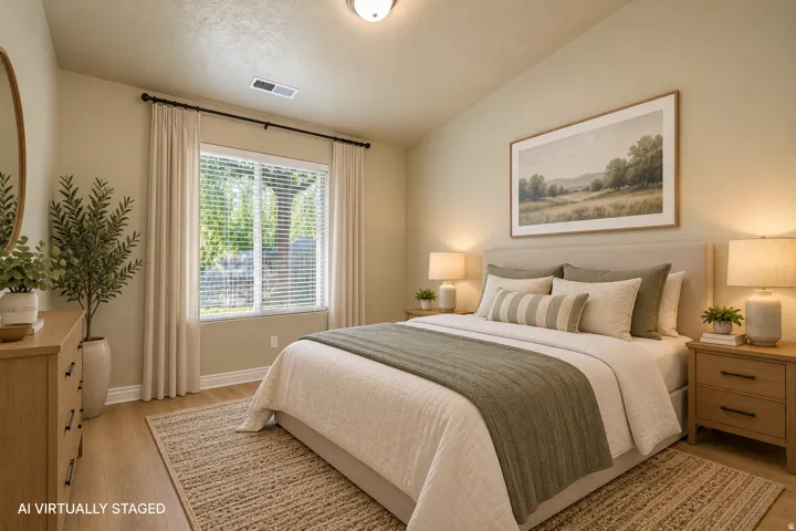 Vaulted ceiling, wood-finish flooring, and window with blinds