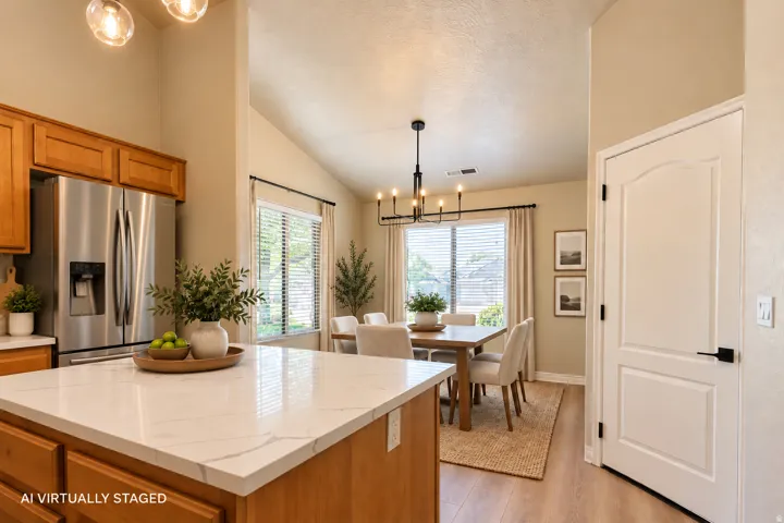 Kitchen island with a white stone-finish countertop, wood cabinetry, stainless steel refrigerator, and wood-finish flooring