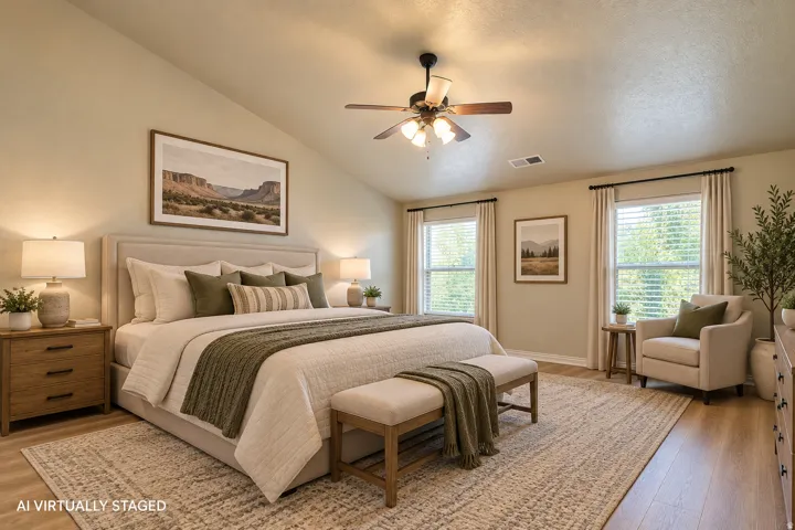 Vaulted ceiling, wood-finish flooring, two large windows, ceiling fan with light fixture, and neutral wall tones