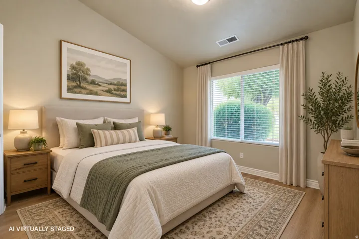 Vaulted ceiling, recessed lighting, expansive window with horizontal blinds, wood-finish flooring, and light-toned walls