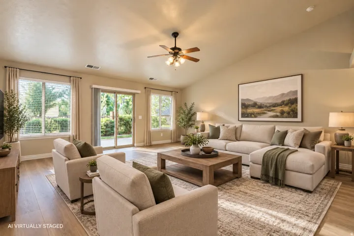 Spacious living area featuring vaulted ceilings, wood-finish flooring, a ceiling fan, and large windows with blinds
