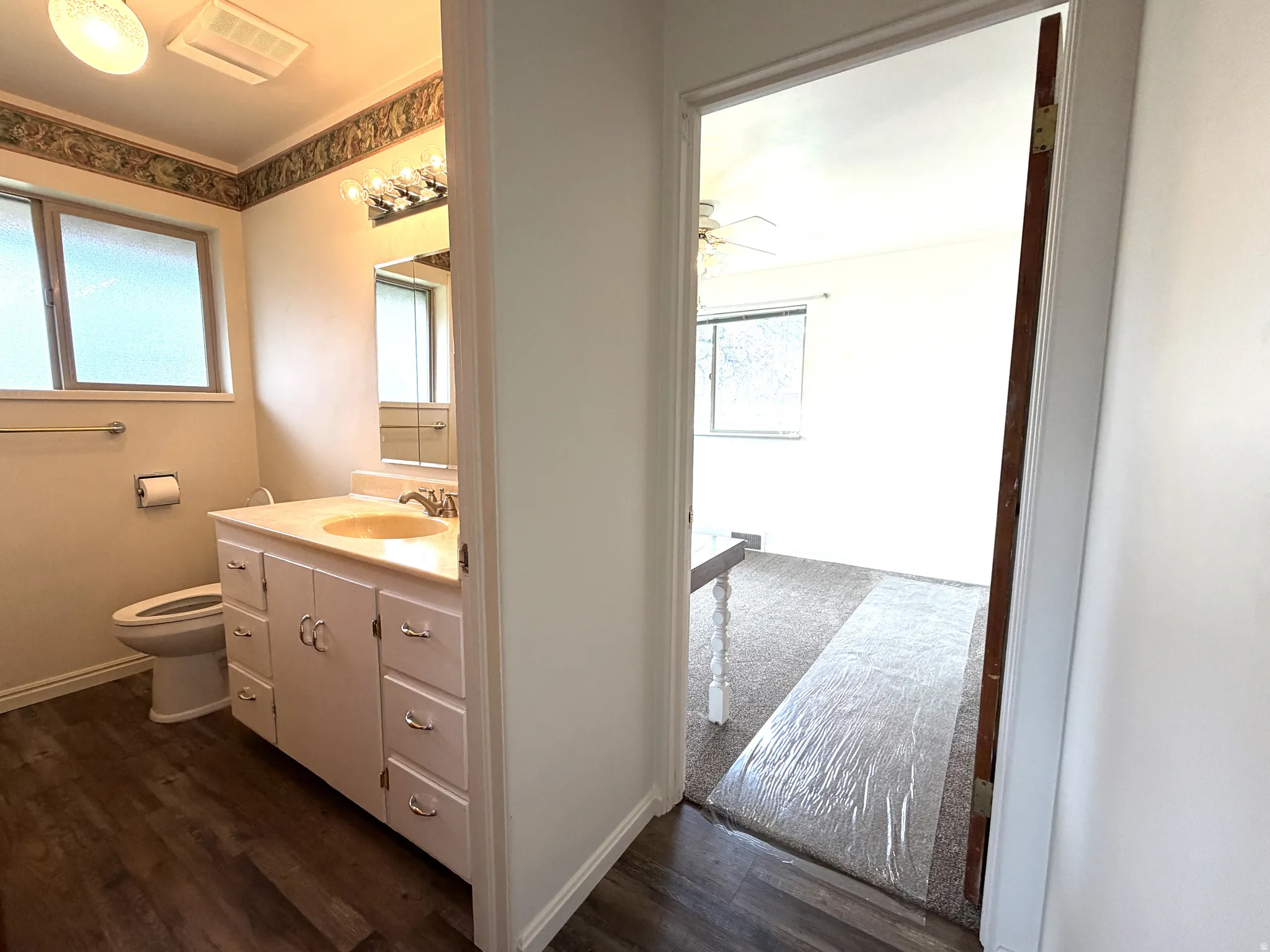 Half bath with vanity, dark wood-type flooring, and ceiling fan