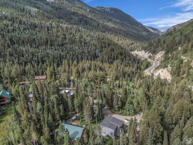 View of property location with a heavily wooded area and a mountain backdrop