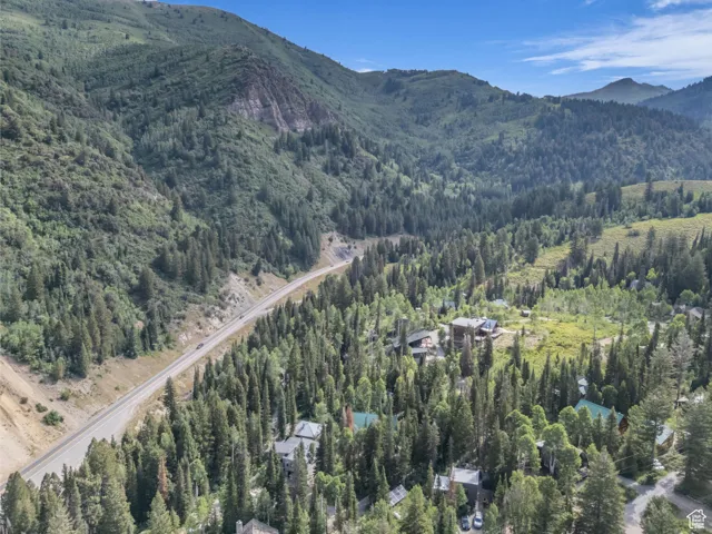 Aerial view of property and surrounding area featuring a heavily wooded area and a mountainous background