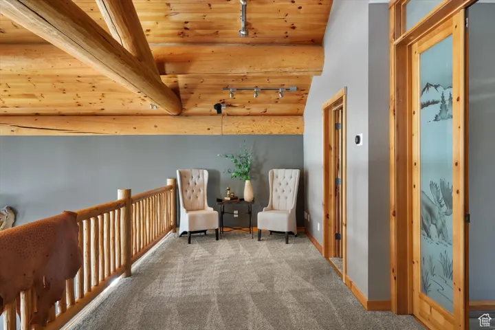 Sitting room with carpet floors, track lighting, and wooden ceiling