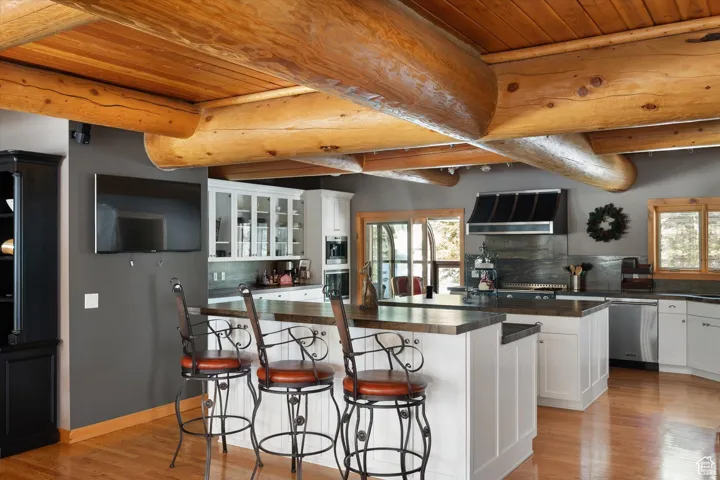 Kitchen featuring a kitchen island, a wood ceiling with exposed beams, decorative backsplash, range hood, and light wood-type flooring