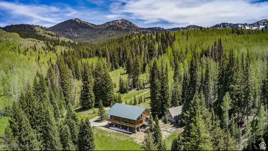 Aerial view of property and surrounding area featuring a mountainous background and a heavily wooded area