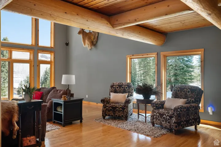 Living area with a wooden ceiling with exposed beams, healthy amount of natural light, and wood finished floors