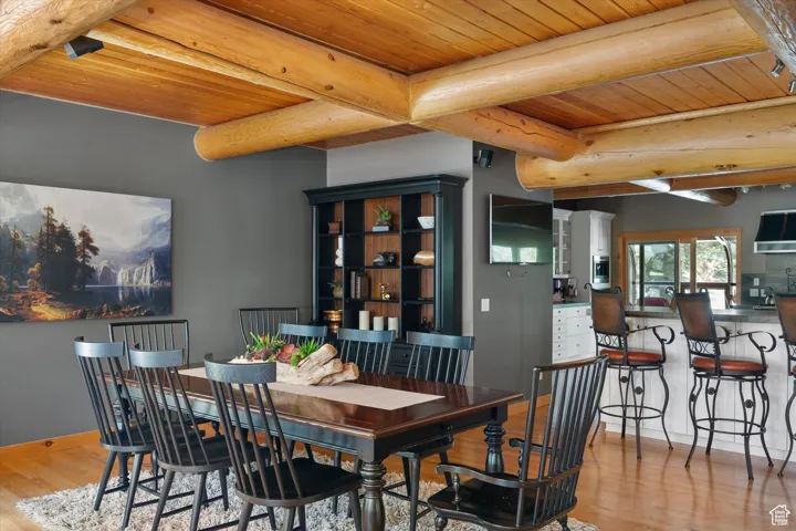 Dining space with a wooden ceiling with exposed beams and wood finished floors
