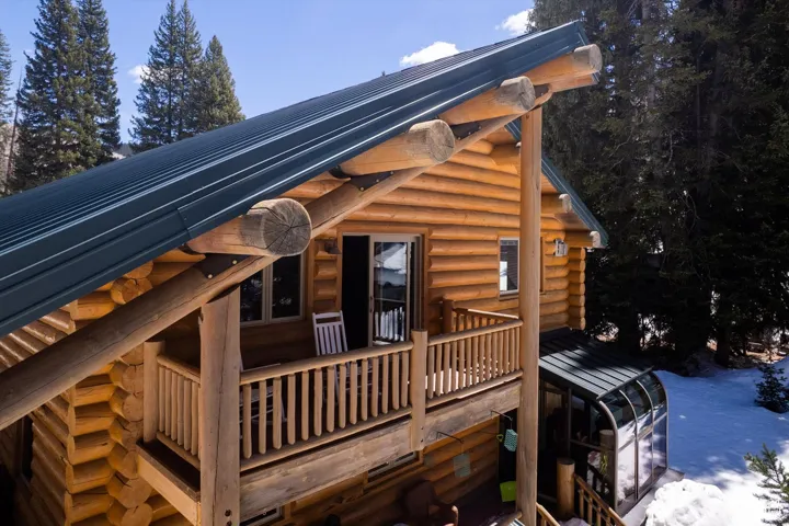 Rear view of property featuring log siding and a metal roof