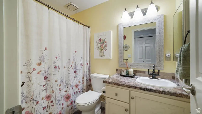 Bathroom with vanity and a shower with curtain
