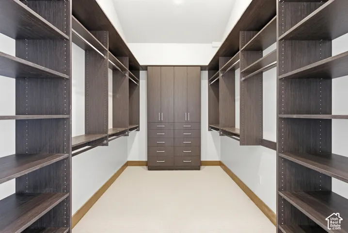 Walk in closet with light colored carpet