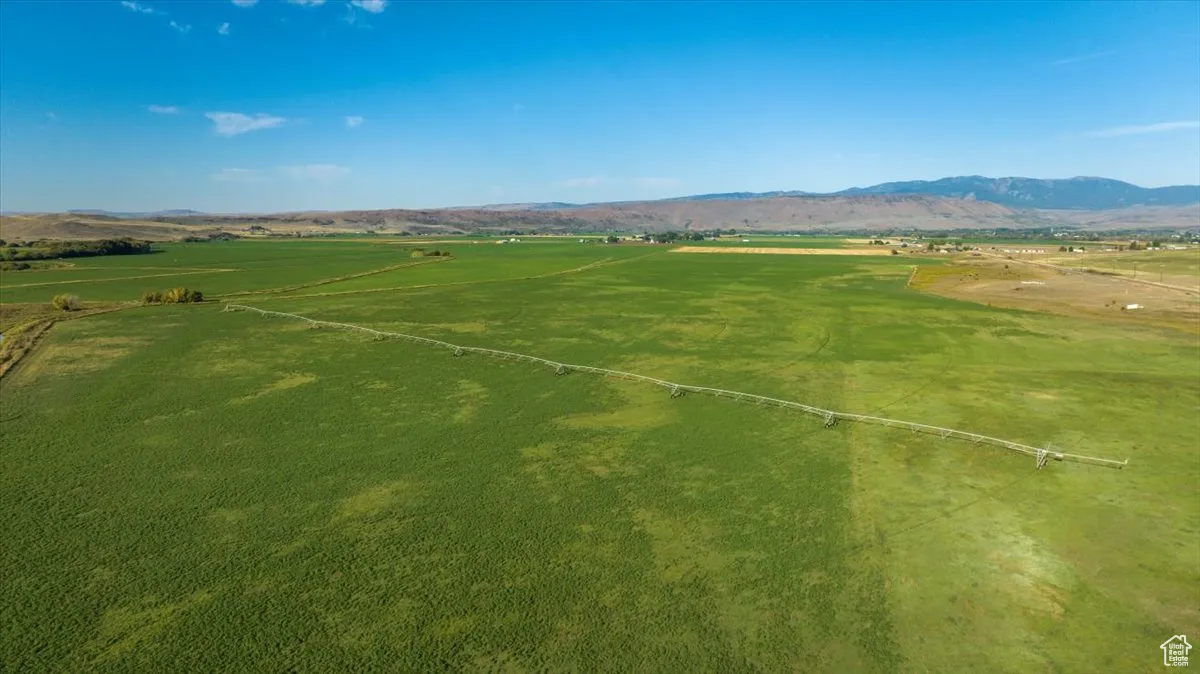Overview of rural landscape with a mountain backdrop