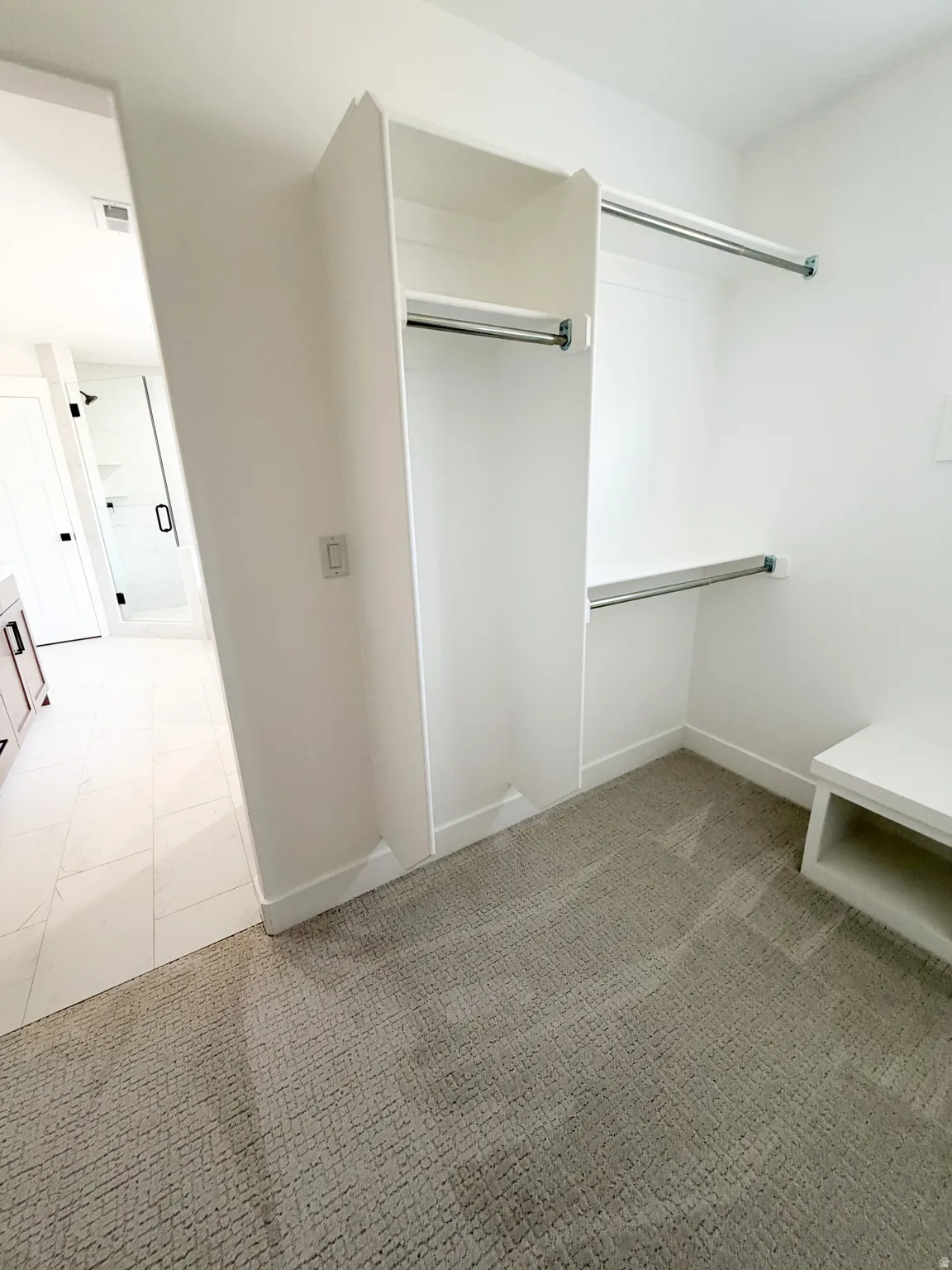 Walk-in closet with built-in shelving, chrome hanging rods, and a light-toned patterned carpet