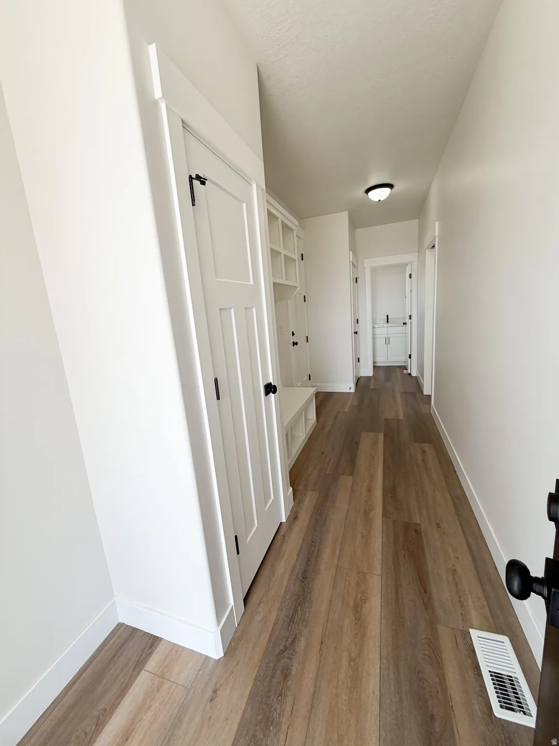 Hallway featuring wood-finish flooring, white built-in cabinetry with paneled doors, and a flush-mount ceiling light