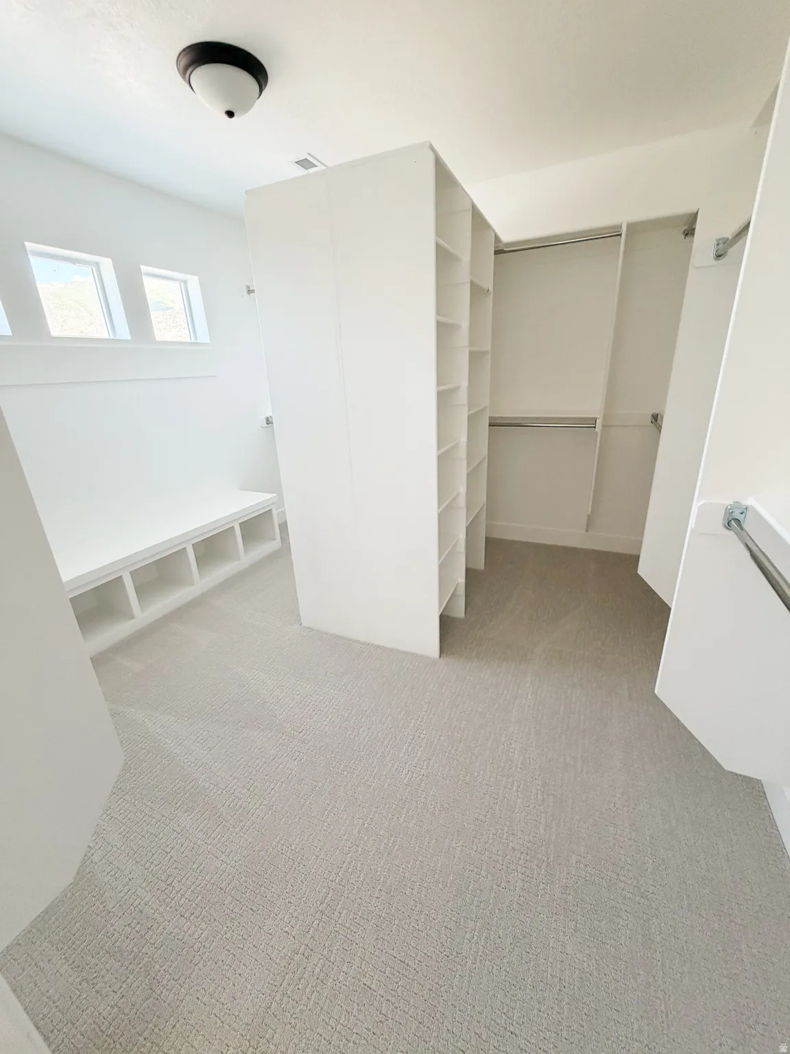 Expansive walk-in closet featuring light-toned carpeting, multiple built-in shelving units, integrated hanging rods, a built-in bench with cubby storage, and natural light from transom windows