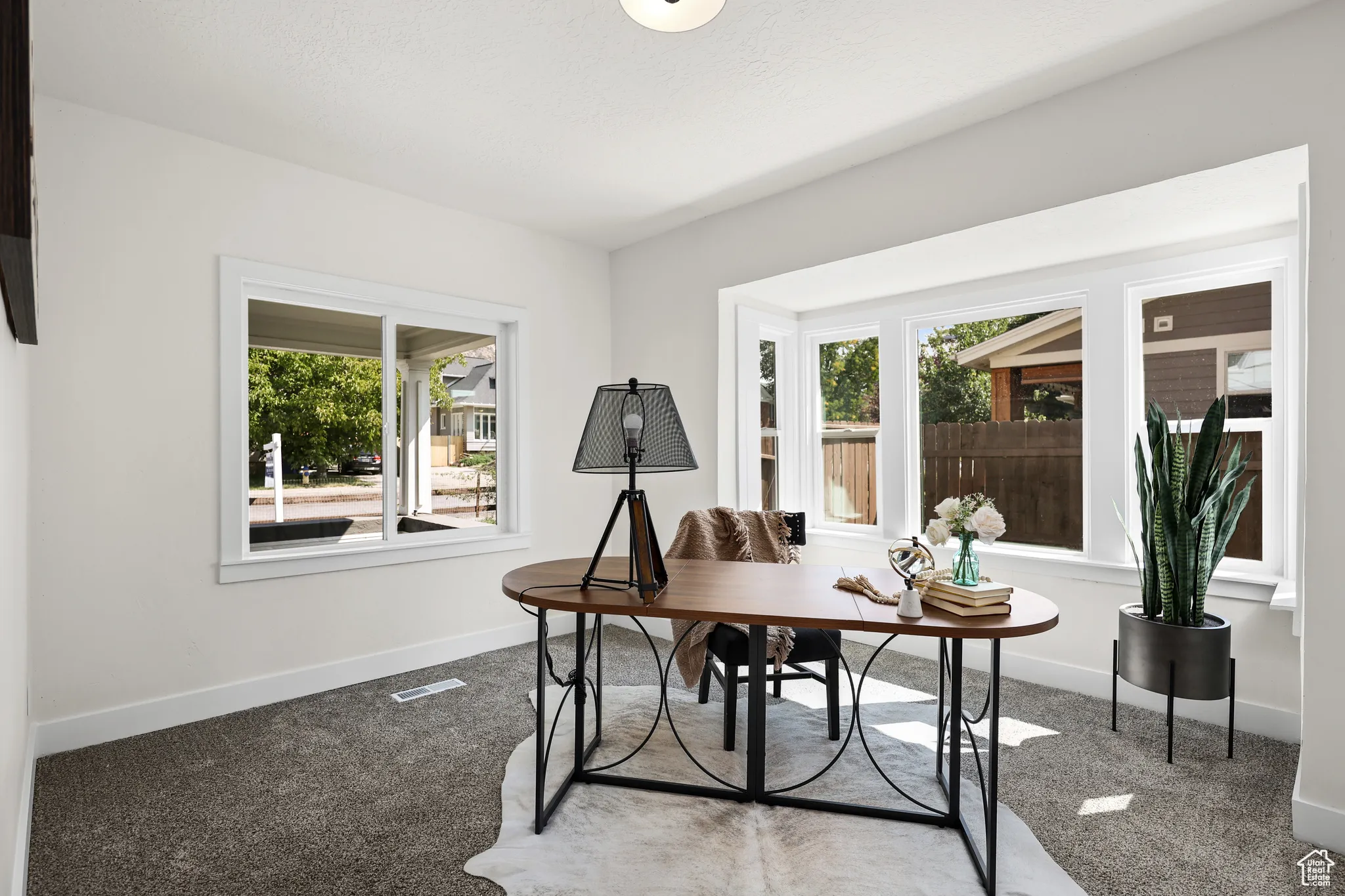 Carpeted home office with baseboards