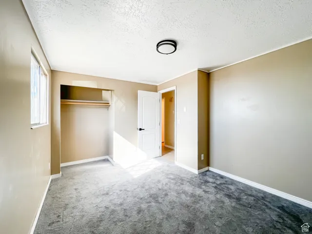 Unfurnished bedroom featuring carpet floors, a textured ceiling, a closet, and ornamental molding