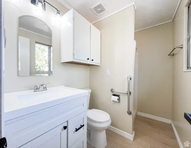 Full bath featuring ornamental molding, a shower, wood finished floors, vanity, and a textured ceiling