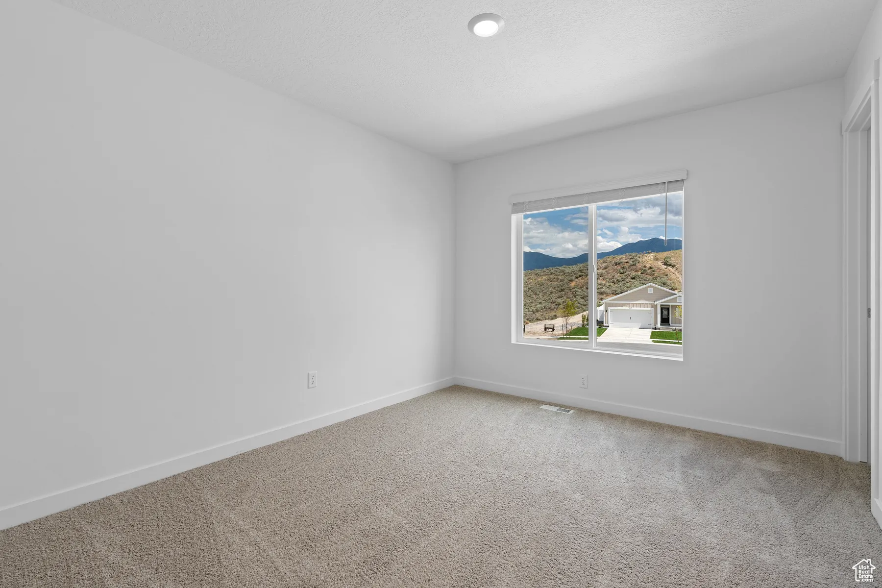 Carpeted empty room with a mountain view and a textured ceiling