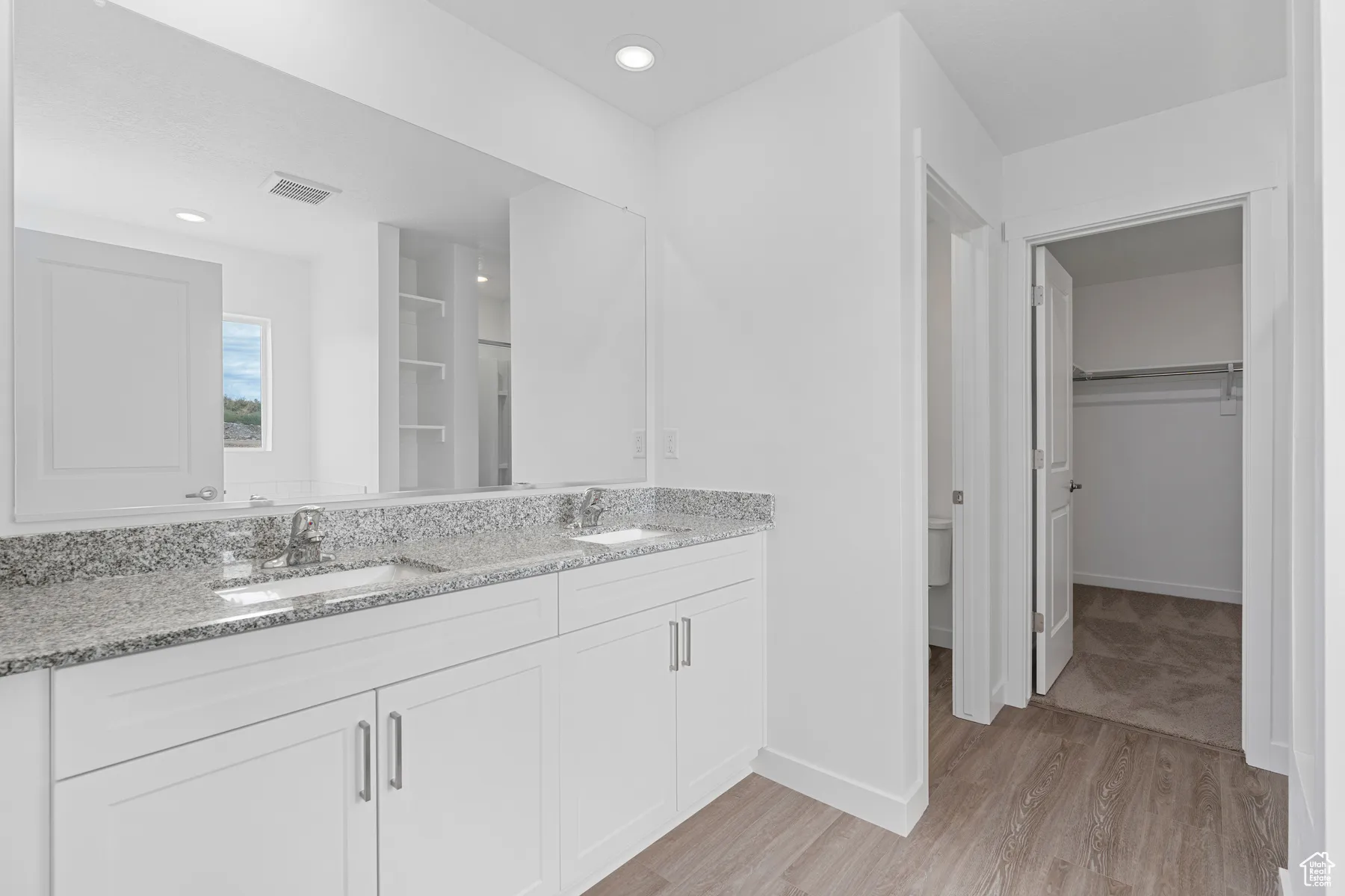 Bathroom with wood finished floors, double vanity, a walk in closet, and recessed lighting