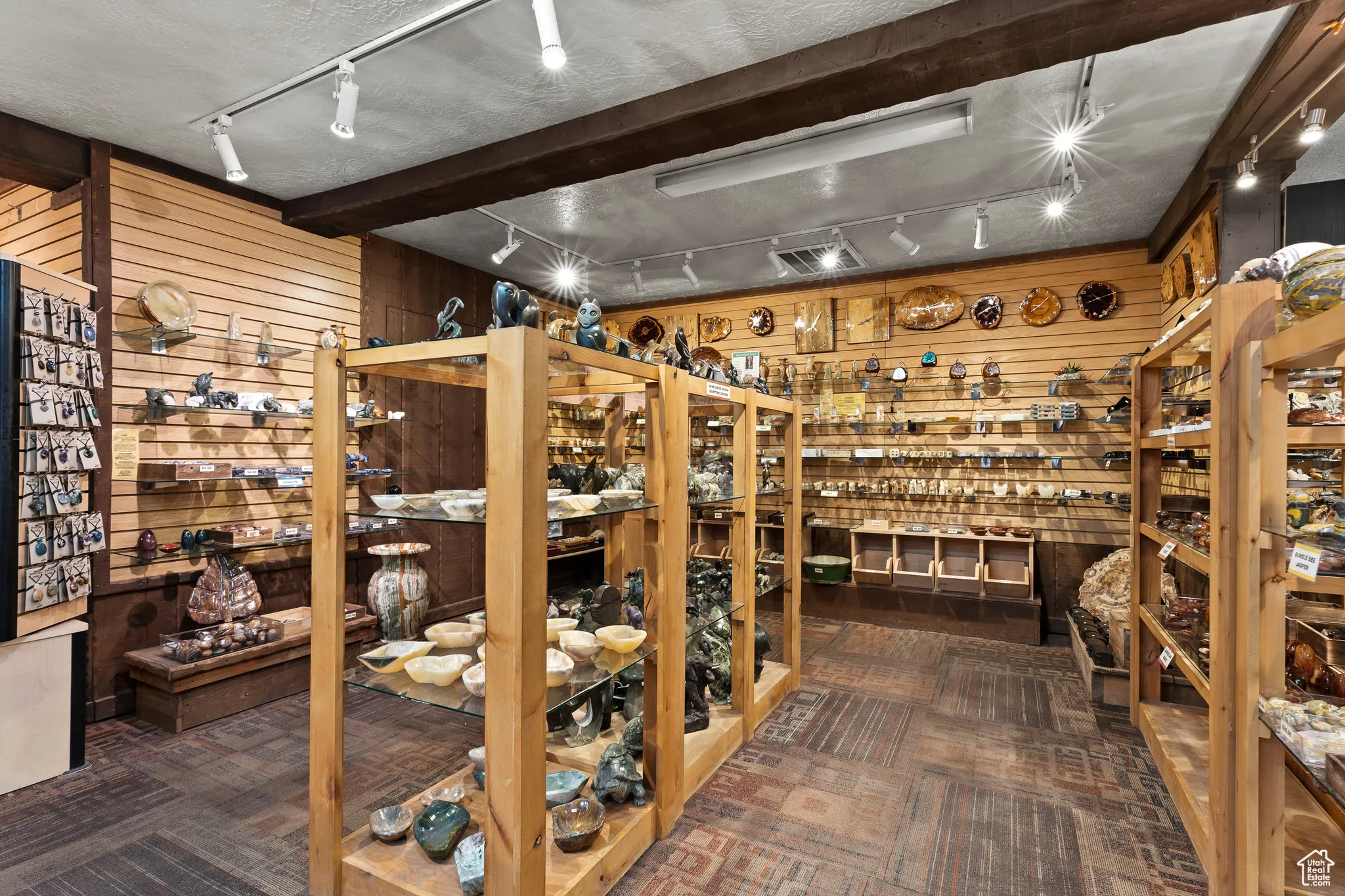 Wine cellar with wooden walls, track lighting, and carpet floors