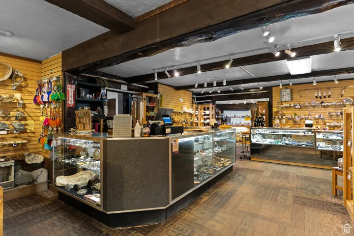 Below grade area with wooden walls, a community bar, a textured ceiling, carpet, and track lighting