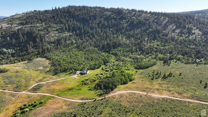 Aerial view of property's location with a heavily wooded area