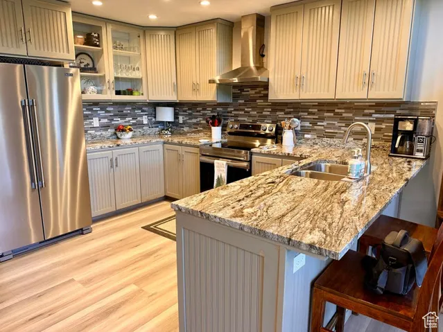 Kitchen featuring a peninsula, appliances with stainless steel finishes, wall chimney exhaust hood, a kitchen bar, and backsplash