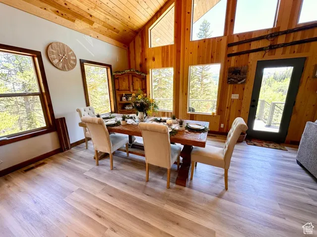 Dining area featuring high vaulted ceiling, wooden ceiling, light wood-style floors, and wooden walls