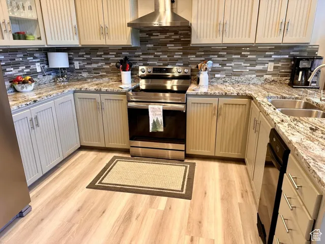 Kitchen with stainless steel electric range, wall chimney exhaust hood, backsplash, and dishwasher