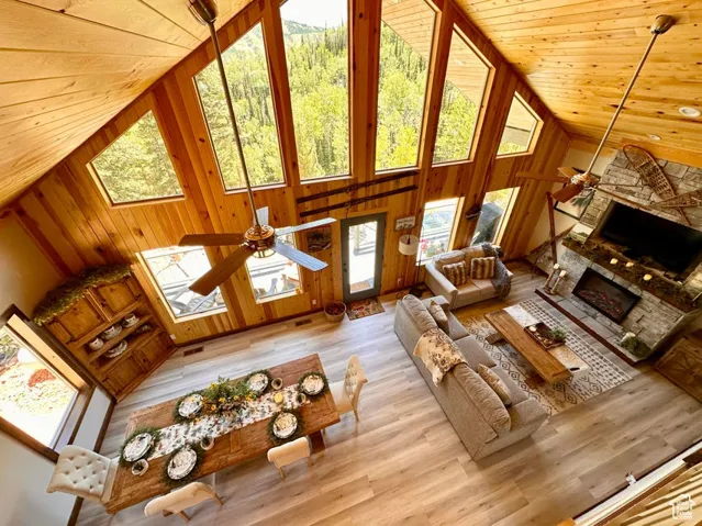 Living room with high vaulted ceiling, wood ceiling, a ceiling fan, a stone fireplace, and wood walls