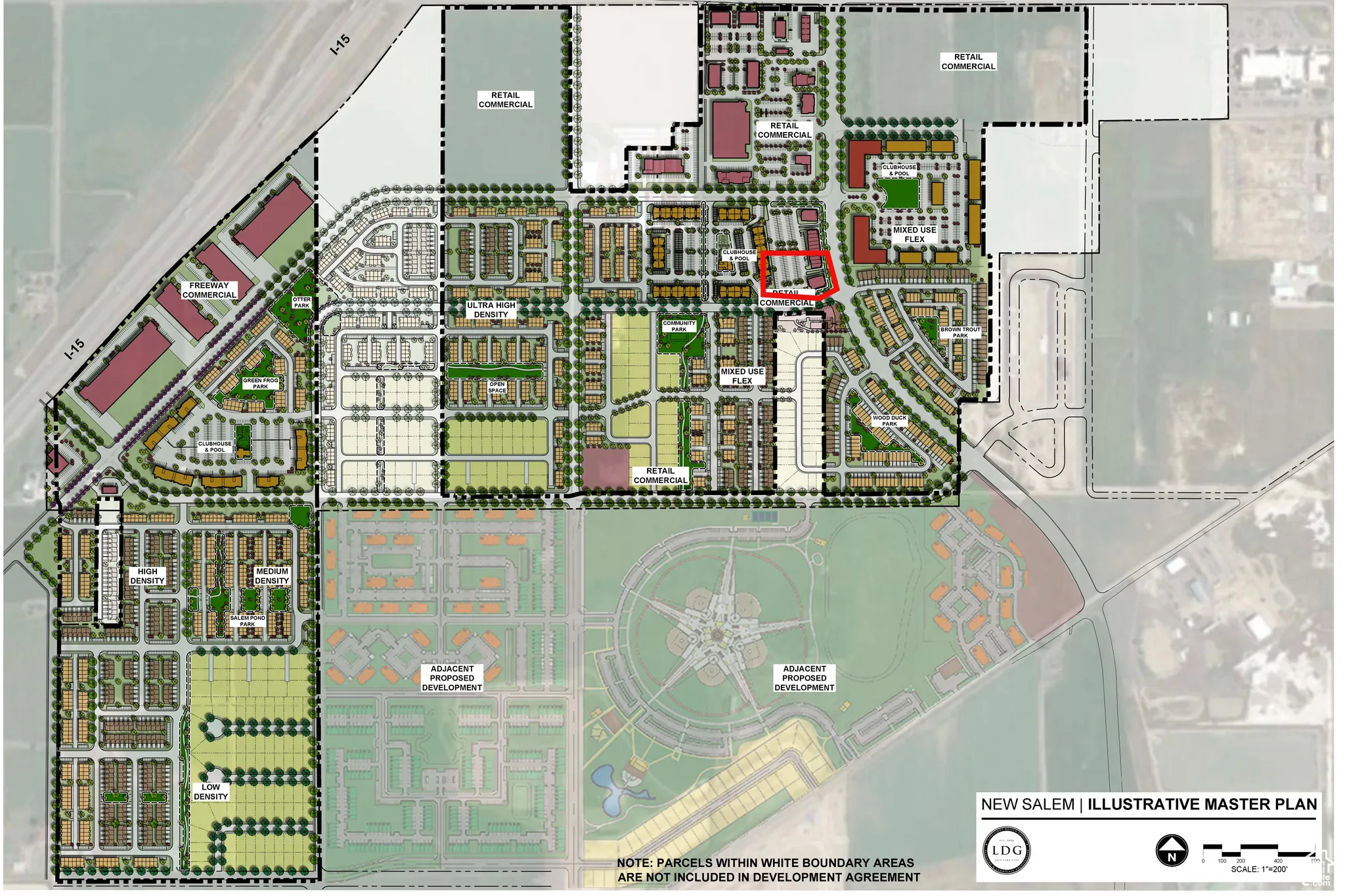 Masterplan concept with site outlined. Outline does not represent actual lot lines.