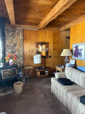 Living room featuring a wood stove, a wooden ceiling with exposed beams, wooden walls, and carpet