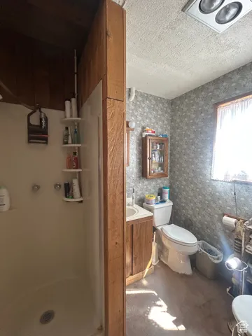Full bath featuring a textured ceiling, a stall shower, and vanity